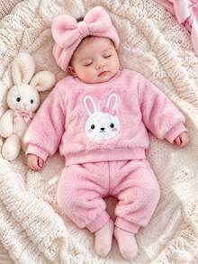 2Pcs Baby Girl Sweatshirt Set Cute Pink Plush Fuzzy Bunny Embroidered Long Sleeve Round Neck Thick Holiday Winter Fall Christmas Unicorn Cozy Cuffs - Pink - View 4