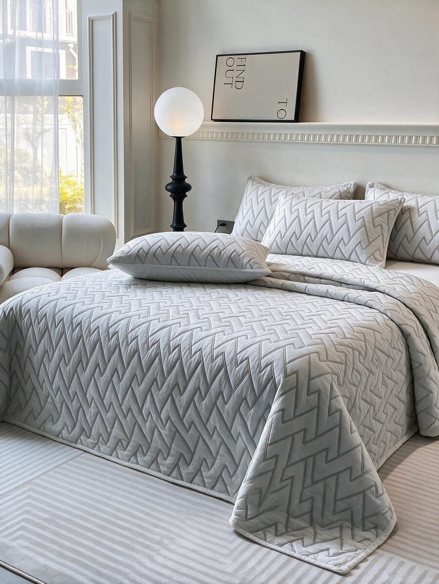 Made In Turkey Bedspread Set With Pillowcases Soft Touch Bed Cover 230*240 - Light Grey - View 1