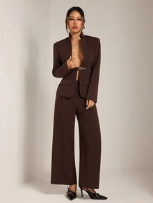 SHEIN PETITE Stylish Brown Long-Sleeve Jacket And Trousers Suit For Petite Women-Ideal For Commuting. - Rust Brown - View 7