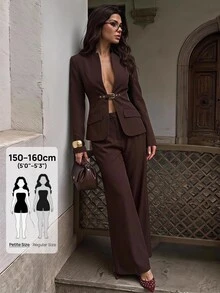 SHEIN PETITE Stylish Brown Long-Sleeve Jacket And Trousers Suit For Petite Women-Ideal For Commuting. - Rust Brown - View 10