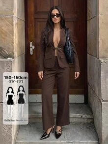 SHEIN PETITE Stylish Brown Long-Sleeve Jacket And Trousers Suit For Petite Women-Ideal For Commuting. - Rust Brown - View 5