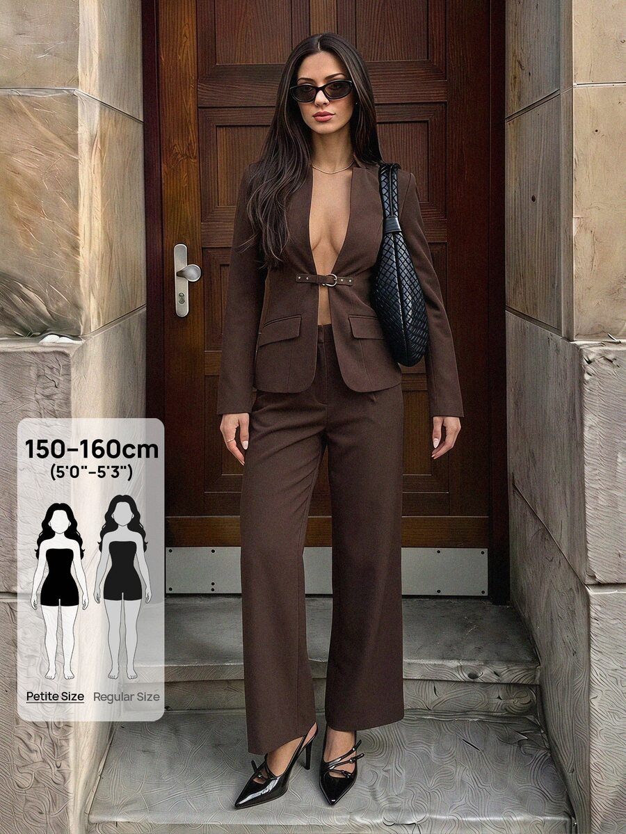 SHEIN PETITE Stylish Brown Long-Sleeve Jacket And Trousers Suit For Petite Women-Ideal For Commuting. - Rust Brown - View 1