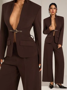 SHEIN PETITE Stylish Brown Long-Sleeve Jacket And Trousers Suit For Petite Women-Ideal For Commuting. - Rust Brown - View 4