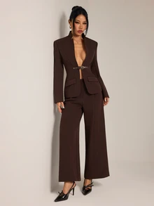 SHEIN PETITE Stylish Brown Long-Sleeve Jacket And Trousers Suit For Petite Women-Ideal For Commuting. - Rust Brown - View 3