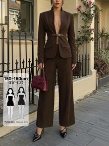 SHEIN PETITE Stylish Brown Long-Sleeve Jacket And Trousers Suit For Petite Women-Ideal For Commuting. - Rust Brown - View 11