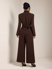 SHEIN PETITE Stylish Brown Long-Sleeve Jacket And Trousers Suit For Petite Women-Ideal For Commuting. - Rust Brown - View 2
