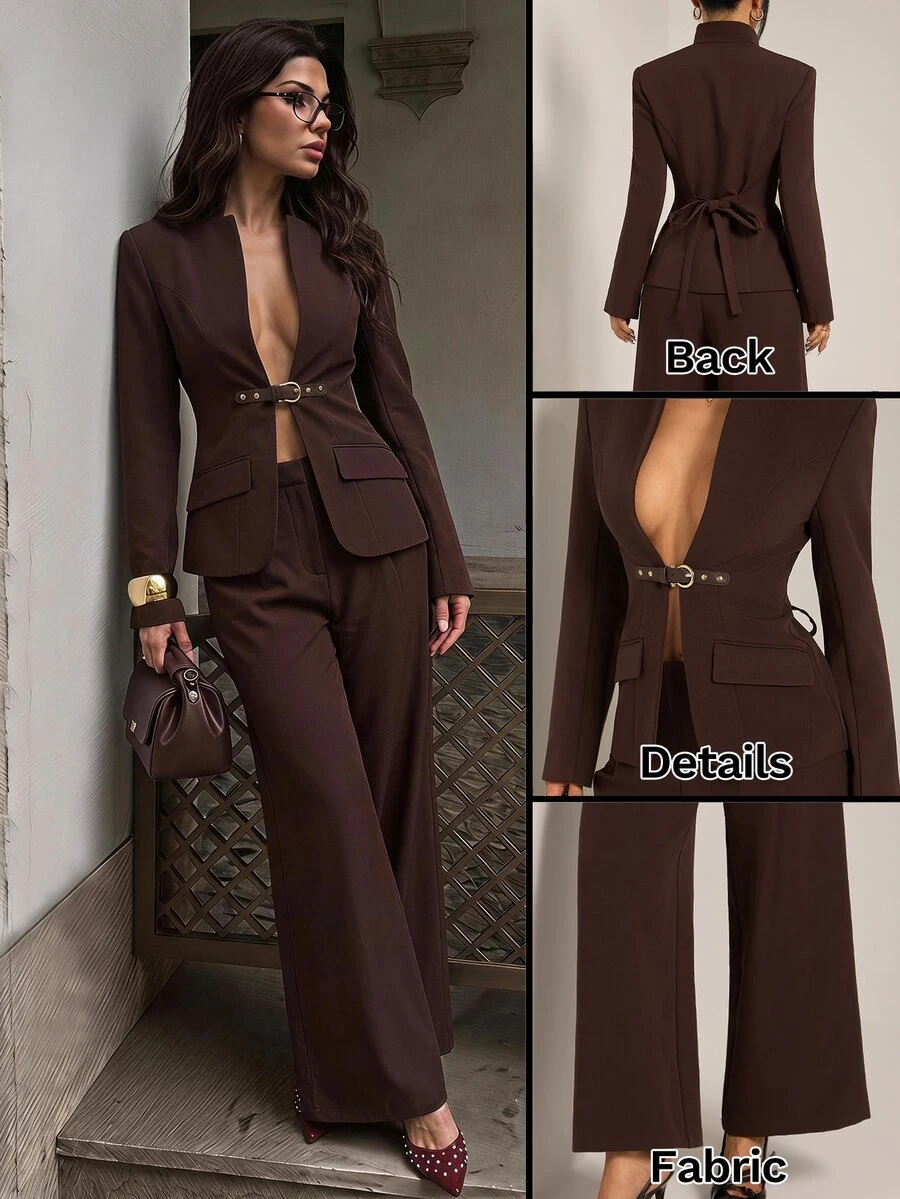 SHEIN PETITE Stylish Brown Long-Sleeve Jacket And Trousers Suit For Petite Women-Ideal For Commuting. - Rust Brown - View 1