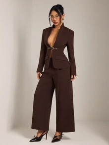 SHEIN PETITE Stylish Brown Long-Sleeve Jacket And Trousers Suit For Petite Women-Ideal For Commuting. - Rust Brown - View 6
