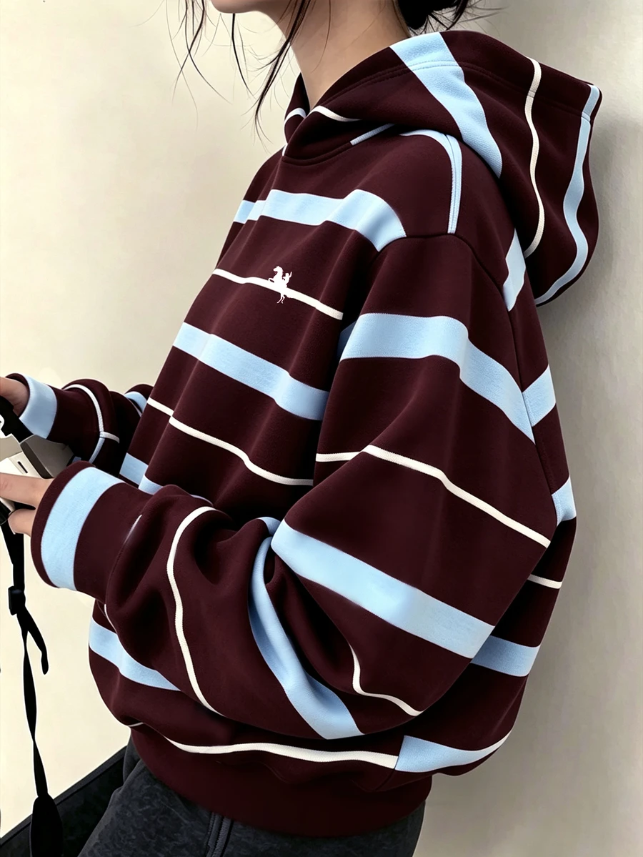 Teen Girls Stripe Hooded Sweatshirt, Burgundy Blue White Casual Cozy Fall Winter Sweatshirt, 1 Pc - Multicolor - View 1