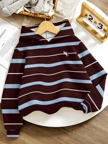 Teen Girls Stripe Hooded Sweatshirt, Burgundy Blue White Casual Cozy Fall Winter Sweatshirt, 1 Pc - Multicolor - View 5