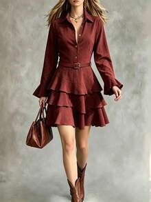 SHEIN Spring Coffee-Colored Long Sleeve Dress, Flared Sleeves With Multi-Layered Ruffle Hem And Waist Belt, Elegant Style, Suitable For Graduation, Christmas, Commuting, Vacation And Other Occasions. Women's Elegant Dress - Coffee - View 7