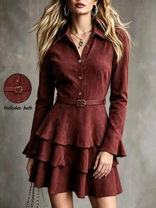 SHEIN Spring Coffee-Colored Long Sleeve Dress, Flared Sleeves With Multi-Layered Ruffle Hem And Waist Belt, Elegant Style, Suitable For Graduation, Christmas, Commuting, Vacation And Other Occasions. Women's Elegant Dress - Coffee - View 3