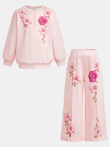 Kids Young Girls Casual Back To School Floral Print Loose Fit Sweatshirt And Wide Leg Pants Sporty Set, Autumn/Winter,Fall Style,Pullover - Pink - View 5