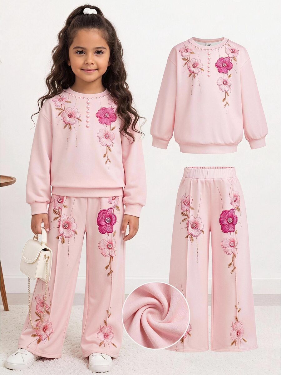 Kids Young Girls Casual Back To School Floral Print Loose Fit Sweatshirt And Wide Leg Pants Sporty Set, Autumn/Winter,Fall Style,Pullover - Pink - View 1