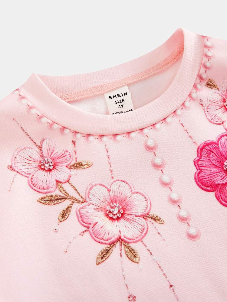 Kids Young Girls Casual Back To School Floral Print Loose Fit Sweatshirt And Wide Leg Pants Sporty Set, Autumn/Winter,Fall Style,Pullover - Pink - View 3