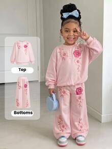 Kids Young Girls Casual Back To School Floral Print Loose Fit Sweatshirt And Wide Leg Pants Sporty Set, Autumn/Winter,Fall Style,Pullover - Pink - View 6