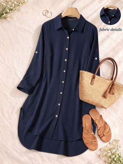 Rusticease Robe d'été/ Robe décontractée vintage à manches longues bleu marine unicolore pour femmes, Brunch