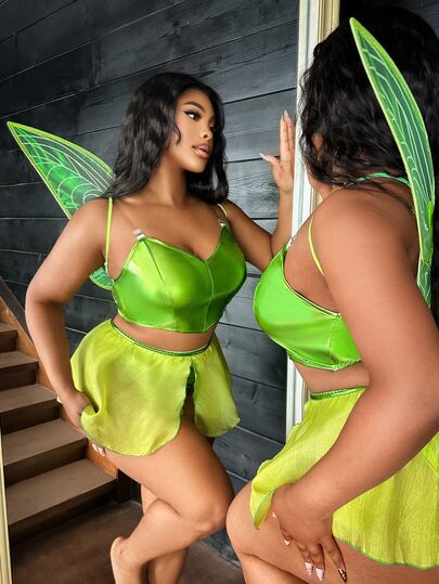 Fantasy Costume Fantasy Costume 4pcs Elf PU Contrast Mesh Ruffle Sweet Romantic Plus Size Lingerie Costume