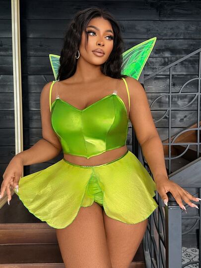 Fantasy Costume Fantasy Costume 4pcs Elf PU Contrast Mesh Ruffle Sweet Romantic Plus Size Lingerie Costume