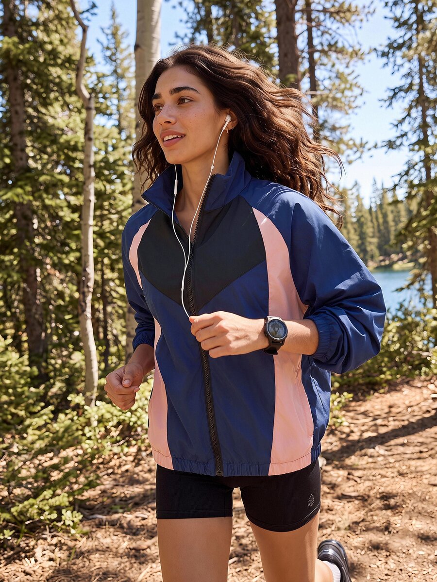 Exploreva Women's Colorblock Zipper Casual Versatile Daily Outdoor Jacket - Black - View 1