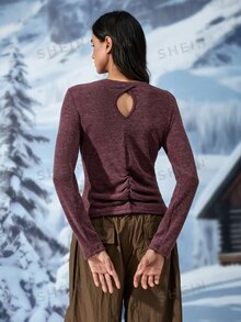 Exploreva Women's Solid Color Hollow Back Ruched Design Outdoor Long Sleeve T-Shirt - Apricot - View 3