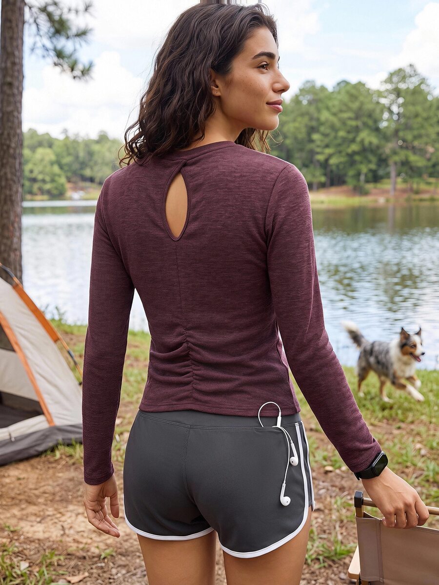 Exploreva Women's Solid Color Hollow Back Ruched Design Outdoor Long Sleeve T-Shirt - Apricot - View 1