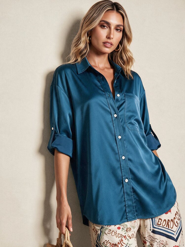 Vaclyn Women's Casual Versatile Solid Color Shirt - Green - View 1
