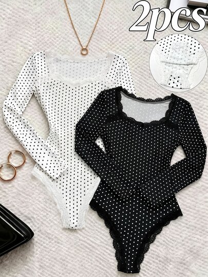 INAWLY Women's Vintage Elegant Polka Dot Print Lace Trim Long Sleeve Bodysuit 2 Pieces Set, Vacation Style, Casual Versatile