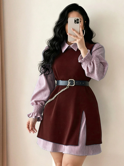 Elenzga Plus Size Women's Casual Hot-Selling Fashion Versatile Classic Red & White Striped Long Shirt Dress And Thermal Lined Sleeveless Long Slit Vest 2 Pieces Set, With Chain Belt Waist Cincher, Suitable For Commuting, Back To School And Casual Outings