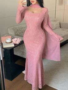 Modelyn Pink Lace Bodycon Mermaid Dress With Flowing Mesh Shawl, Conservative Party Evening Gown For Middle Eastern Women - Pink - View 6