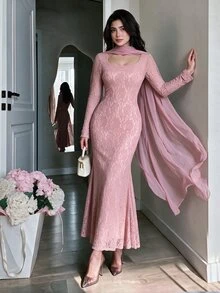 Modelyn Pink Lace Bodycon Mermaid Dress With Flowing Mesh Shawl, Conservative Party Evening Gown For Middle Eastern Women - Pink - View 2
