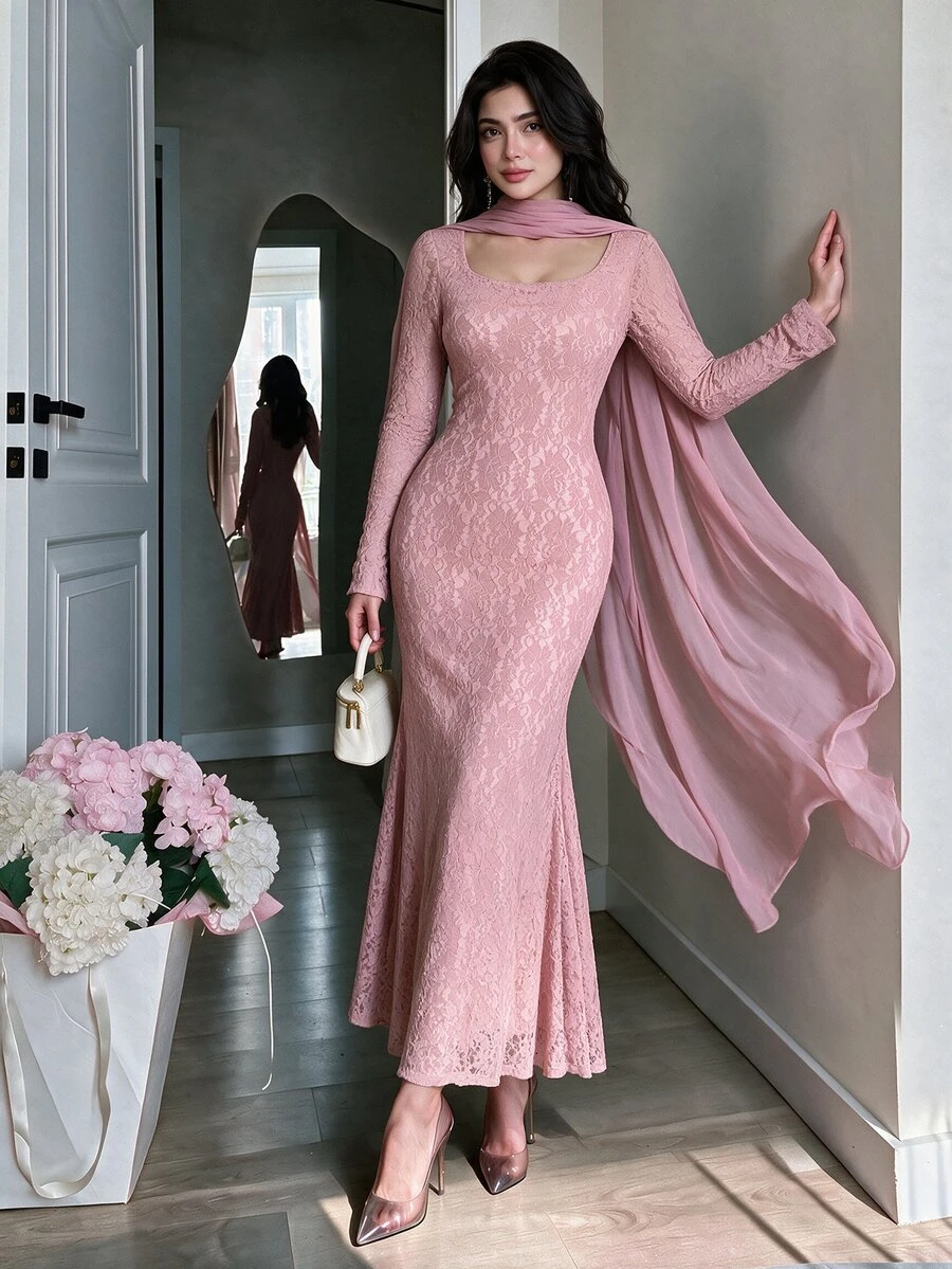 Modelyn Pink Lace Bodycon Mermaid Dress With Flowing Mesh Shawl, Conservative Party Evening Gown For Middle Eastern Women
