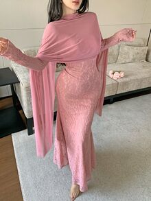 Modelyn Pink Lace Bodycon Mermaid Dress With Flowing Mesh Shawl, Conservative Party Evening Gown For Middle Eastern Women - Pink - View 9