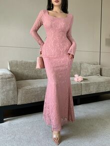 Modelyn Pink Lace Bodycon Mermaid Dress With Flowing Mesh Shawl, Conservative Party Evening Gown For Middle Eastern Women - Pink - View 8