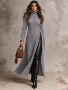 Selianne Women's Autumn/Winter Vintage High Neck Slit Long Knit Sweater Top - Grey - View 1