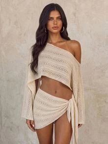 SHEIN Glamour Women's Vacation Asymmetrical Shoulder Cover-Up Top And Skirt Set - Beige - View 1