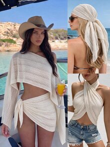 SHEIN Glamour Women's Vacation Asymmetrical Shoulder Cover-Up Top And Skirt Set - Beige - View 8