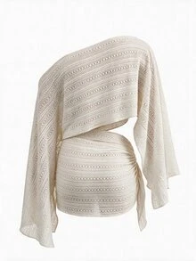 SHEIN Glamour Women's Vacation Asymmetrical Shoulder Cover-Up Top And Skirt Set - Beige - View 2