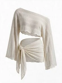 SHEIN Glamour Women's Vacation Asymmetrical Shoulder Cover-Up Top And Skirt Set - Beige - View 5