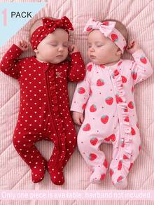 1 Pack Newborn Long Sleeve Footed Romper, Cute All-Over Print, Knitted Comfortable Soft, Versatile Fashion, Best Choice - Pink - View 1