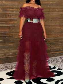Veslaya Plus Size Women's Burgundy Winter Elegant Formal Sheer Off Shoulder Elastic Waist Bohemian Ruffle Hem Maxi Dress For Music Festivals,Easter,Parties - Burgundy - View 5