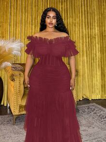 Veslaya Plus Size Women's Burgundy Winter Elegant Formal Sheer Off Shoulder Elastic Waist Bohemian Ruffle Hem Maxi Dress For Music Festivals,Easter,Parties - Burgundy - View 9
