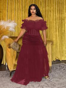 Veslaya Plus Size Women's Burgundy Winter Elegant Formal Sheer Off Shoulder Elastic Waist Bohemian Ruffle Hem Maxi Dress For Music Festivals,Easter,Parties - Burgundy - View 6