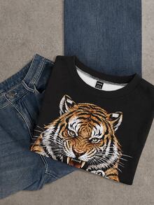 Attitoon Women's Tiger Print Crew Neck Long Sleeve Casual Sweatshirt - White - View 3