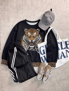Attitoon Women's Tiger Print Crew Neck Long Sleeve Casual Sweatshirt - White - View 2