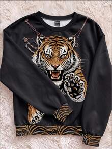 Attitoon Women's Tiger Print Crew Neck Long Sleeve Casual Sweatshirt - White - View 1