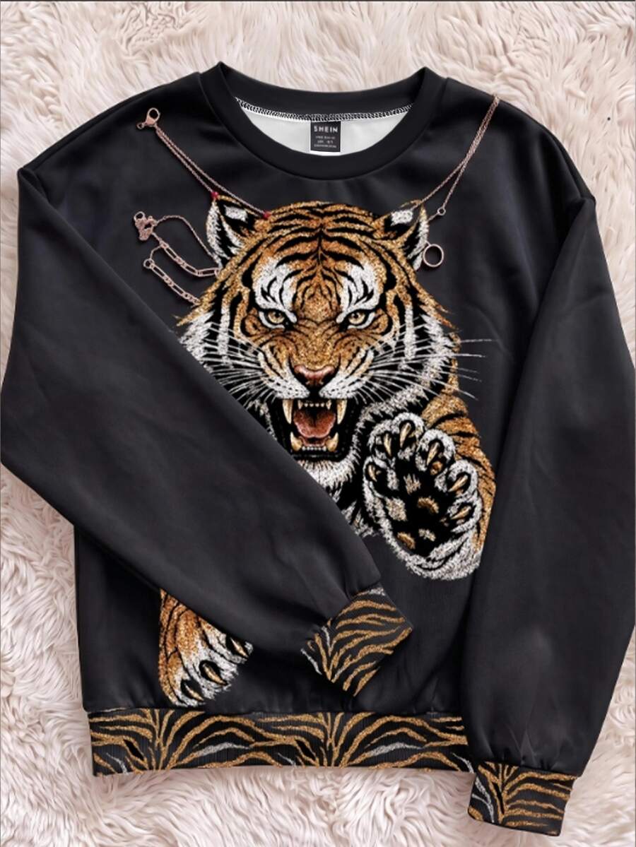 Attitoon Women's Tiger Print Crew Neck Long Sleeve Casual Sweatshirt - White - View 1