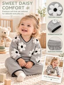 SHEIN Baby Girl Autumn/Winter Fashion Casual Cute Pattern Jacquard Knit Sweater Long Sleeve Top & Long Pants Set Pullover - Grey - View 8