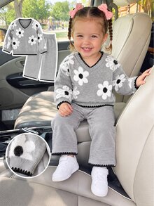 SHEIN Baby Girl Autumn/Winter Fashion Casual Cute Pattern Jacquard Knit Sweater Long Sleeve Top & Long Pants Set Pullover - Grey - View 9