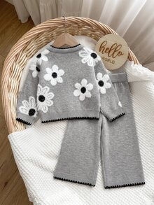SHEIN Baby Girl Autumn/Winter Fashion Casual Cute Pattern Jacquard Knit Sweater Long Sleeve Top & Long Pants Set Pullover - Grey - View 2